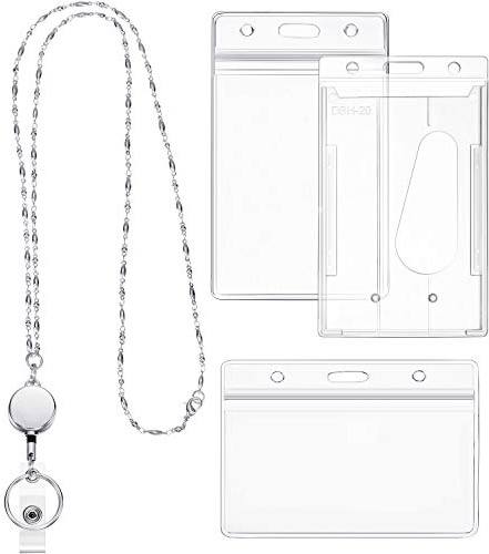 Retractable Badge Reel Lanyard with ID Holder for Women, Fashion Cruise Lanyard Stainless Steel Necklace with 3 Pieces Name Badge Holder Clip (Silver)