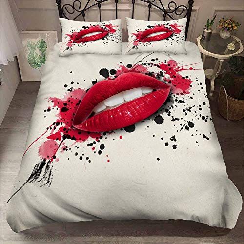 Odot Juego de Ropa de Cama 3 Piezas, Nórdico 3D Beso Impresión Microfibra Poliéster Respirable Anti-ácaro Cremallera Funda de Edredón y 2 Funda de Almohada (180×210cm,Labios de Tinta)