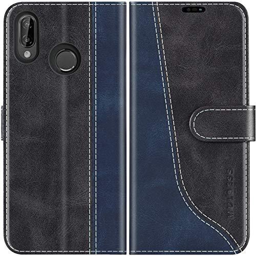 Mulbess für Huawei P20 Lite Hülle, Handyülle Leder mit Kartenfach, Klapphülle mit Magnetverschluss, Flip Case Etui Handytasche Schutzhülle, Stilvoll Schwarz