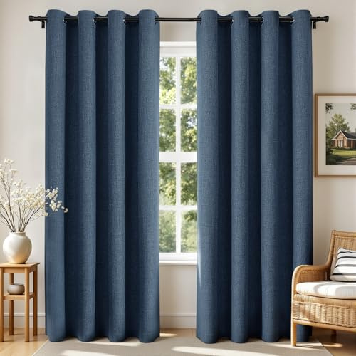 Joydeco Blackout Curtains 63 Inches Long 2 Panels Burg, Room Darkening Curtains for Bedroom, 100% Black Out Textured Thermal Drapes Privacy Protection 2 Panels Set(W52 x L63 Inch, Navy Blue)