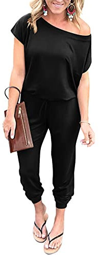 YUNDAI Womens Jumpsuits One Piece Casual Off Shoulder Playsuit Short Sleeve Overalls Elastic Waist Stretchy Romper with Pockets X-Large,Black