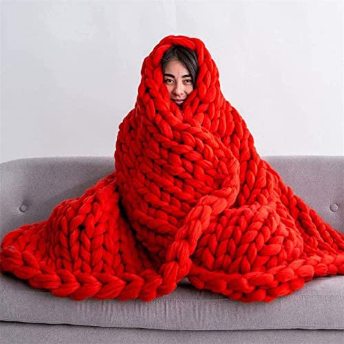 Riyueyi Chunky Knit Blanket Throw Soft Chenille Yarn Knitted Blanket Crochet Blanket Cable Knit Throw Blanket Couch Bed Weighted Chunky Blanket,Red,120x150cm/47x59in