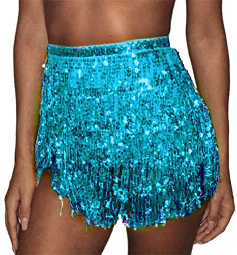 Minetom Damen Bauchtanz Und Latin Dance Glitzer Rock Pailletten Quaste Tanzröcke Fransen Outfits Röcke Bauchtanz Hüfttuch Gürtel Röcke A1 Blau One Size