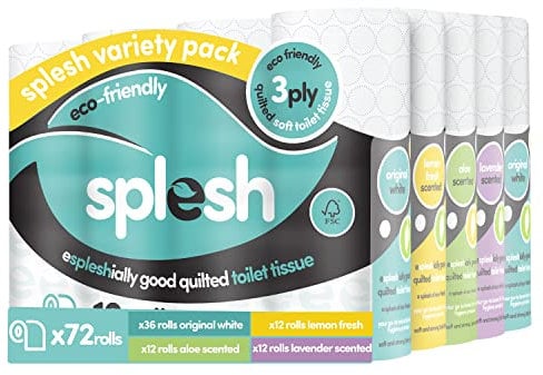 Cusheen Splesh Variety Pack - 72 Toilet Rolls with a Difference - 3X Packs Original White, 1x Pack Fresh Lemon, 1x Pack Aloe Vera& 1x Pack Lavender Fragrance