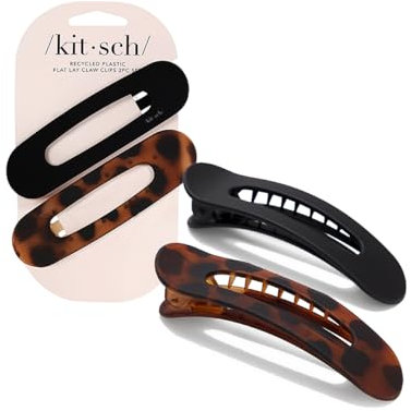 Kitsch Flache Krallenklammern für Damen – Starker Halt, rutschfester Griff | Flache Krallenklammer, recycelter Kunststoff – 2 Stück (Schwarz und Schildpatt)
