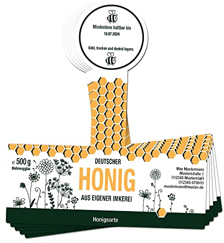 Apoidea – Honig Etiketten 500 g mit Gewährverschluss nassklebend – 300 Stück zum Stempeln/Etiketten Honiggläser/Honig Aufkleber für selbstgemachten Honig/Honigetiketten für Honiggläser
