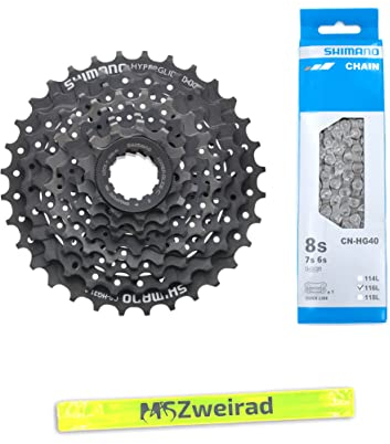 MSZweirad Shimano Verschleißset Kassette CS-HG31 8-Fach + passende Kette CNHG40 Abstufung auswählbar aus 11-30 | 11-32 | 11-34 inklusive Reflexband (11-32 Zähne)