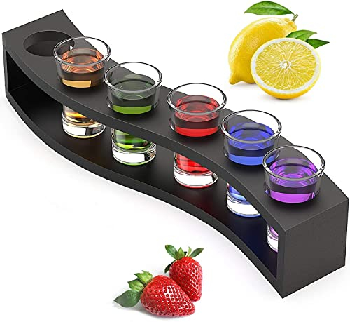 MOUMOUTEN Soporte para Vaso De Chupito, 6 Agujeros para Vasos De Chupito, Soporte para Cóctel, Organizador De Tablas para Servir Bebidas, Bandeja para Servir Vasos De Chupito En Forma De(Black)