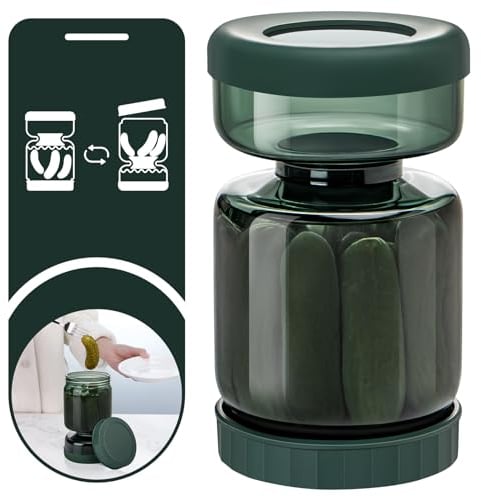 WhiteRhino Tarro de Vidrio Reversible para Encurtidos con Colador, 1L Recipiente de Reloj de Arena de Oliva, Soporte de Almacenaje de Pepinillos Boca Abajo, Tapa Hermética a Prueba de Fugas