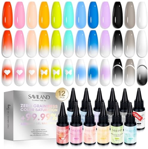 Saviland Airbrush Gel Nagellack – 12 Farben Frühlings Sommerkollektion für Nail Art Design Aufkleber Französische Maniküre 30 ml Nagellack,Langlebig, ohne Verdünnung Soak Off Nails Gel Set