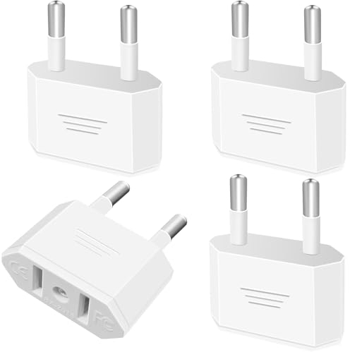 Tixlux 4 Piezas Adaptador Enchufe Americano a Español, Adaptador Enchufe Americano a Europeo, Adaptador de Enchufe Viaje para Europa/USA/US/Francia/Alemania/España/Australia/Austria, Blanco