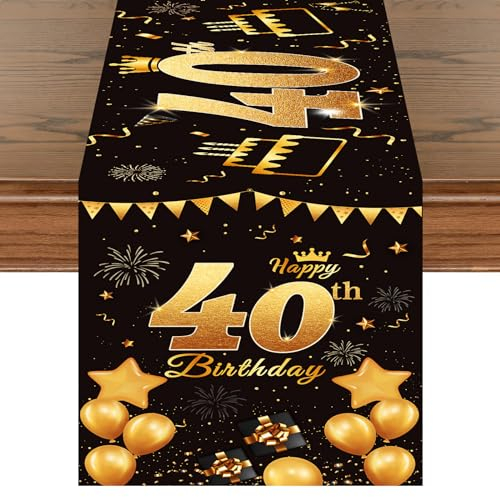 Tischläufer 40. Geburtstag Schwarz Gold Happy 40th Birthday Tischband zum 40 Geburtstag Männer Frauen Jahrestag Feier Party Dinner Tisch Leinen Tuch Deko für Zuhause Küche Draußen Drinnen, 180x35 cm