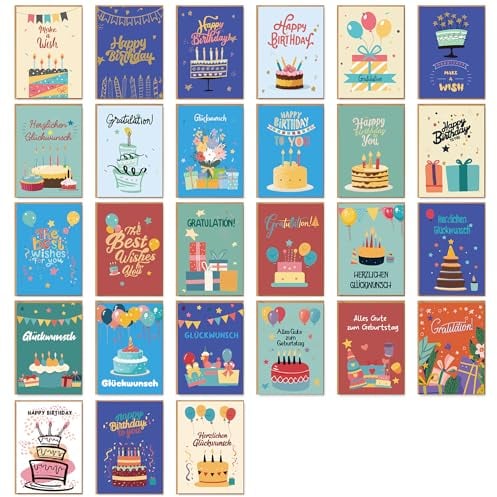 BIROYAL 27er Geburtstagskarten Kinder Set mit Umschlag - Happy Birthday Karte - Premium Glückwunschkarten Geburtstag als Postkarten Set - Geburtstagskarte für Kinder - Happy Birthday Card