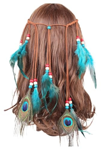 Indian Feather Stirnband Boho Quaste Hippie Pfau Feder Quasten Kopfschmuck Vintage Festival Karneval Party Headwear Flechten Haar Band Stirnband Haarschmuck für Damen Frauen (Sky Blue, One Size)
