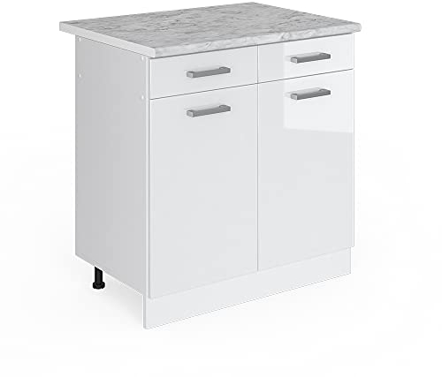 Vicco Unterschrank R-Line, Weiß Hochglanz/Weiß, 80 cm mit Schubladen und Türen, mit Arbeitsplatte