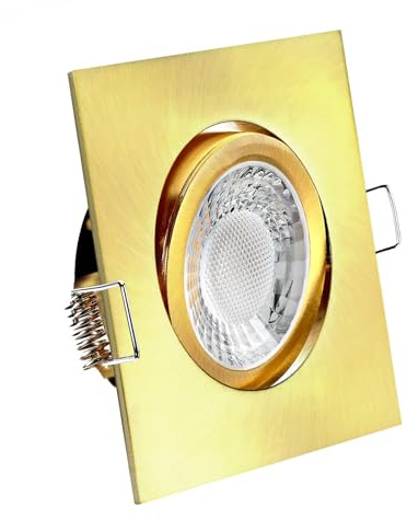 LED Einbaustrahler Gold-Messing gebürstet | quadratisch | 30° schwenkbar | Lochmaß Ø 68mm - 80mm | geringe Einbautiefe 25mm | Anschlussfertig Farbe 5W LED Modul flach dimmbar warmweiß COB 230V
