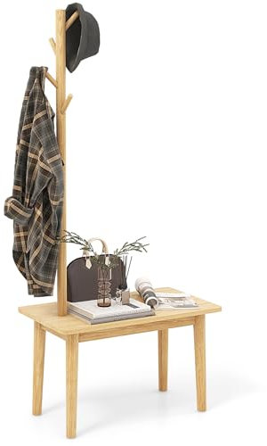 COSTWAY Porte Manteaux sur Pieds Bois 3 en 1, Meuble d'Entrée avec Banc, 4 Crochets, Table d’Appoint avec Portant à Vêtement en Bois, Vestiaire pour Entrée, Chambre, 76 x 43 x 168 cm (Naturel)