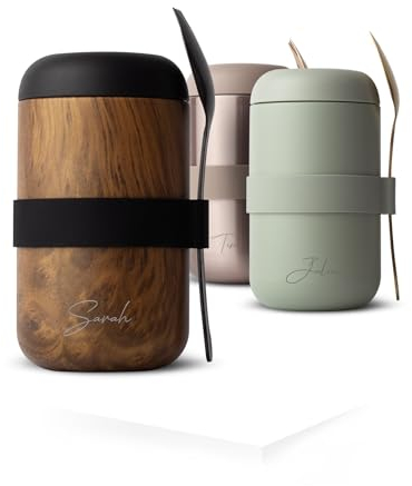 MAMEIDO Thermobehälter für Essen personalisiert 500ml, Müslibecher to go mit Namen, Thermobecher Essen mit Gravur auslaufsicher als personalisiertes Geschenk (Oak Wood, 0,5l)