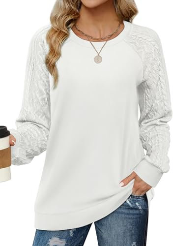 Cuptacc Pull Femme Hiver Chaud Chic Sweat Manches Longues Col Rond sans Capuche Basic Blanc L