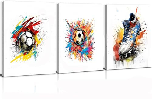 Lot de 3 posters aquarelle de football pour chambre d'enfant garçon,Tableau mural avec cadre Poster Football Chambre D'enfant,Décoration Murale de Salon pour chambre de garçon (12x16inch,le football)