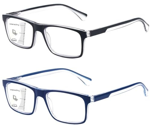 Missfive 2 Pack Gleitsichtbrille Herren Gleitsicht Lesebrille Multifokale Blaulichtfilter Vollrand Raumcomfort-Brillen Mit Federscharniere (Schwarz&Blau, Nähe-Mittlere Entfernung, 3.0x)
