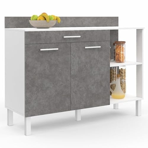 IDMarket - Buffet bas de cuisine 120 cm CINA plan de travail H.83 cm 2 portes + tiroir blanc et effet béton