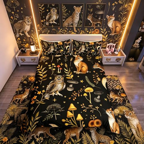 Loussiesd Boho-Pilz-Bettbezug-Set Einzelgröße Niedliche Eule Eichhörnchen Bettwäsche-Set für Kinder Botanisches Blumenmuster Bettbezug-Set Raumdekoration Animlas-Tagesdeckenbezug