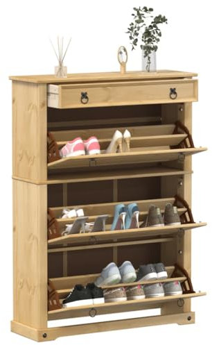Homgoday Armoire à Chaussures Corona 99x32x138 cm Bois de pin Massif, Étagère à Chaussures, Meuble de Rangement avec 1 Tiroir Coulissant et 3 Tiroirs Rabattable, Porte-Chaussures Entrée