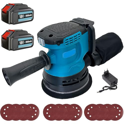 Cordless Orbital Sander, 13000rpm Random Orbital Sanders 2X 3.0Ah, 6 Variable Speeds, 125mm 12x Sandpapers, Cordless Sander Compatible with DBO180Z for Sanding, Polishing Wood, DIY, Home Improvements