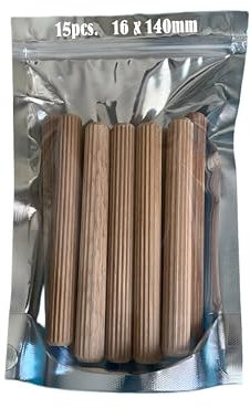 15pcs Chevilles en bois de hêtre, 16 x 140 mm, bâtons de hêtre, rainurés en bois, broches en bois dur goujon cannelé, bouchons en bois pour projets d'artisanat de meubles et de bricolage
