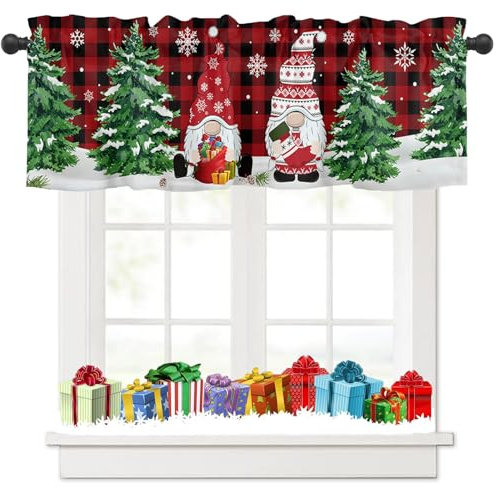 Tokusyou Weihnachten Scheibengardine Gardinen Wichtel Weihnachtsgardine Vorhang Der Kariert Weihnachtsbaum Schneeflocken Muster Blickdicht Bistrogardinen für Wohnzimmer B 137 × H 45 cm