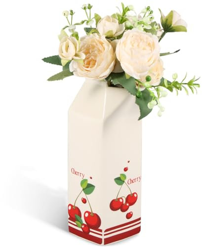 Blumenvase, Milchkarton-Vase, Vintage-inspirierte dekorative Keramikvase, künstlerische Blumenvase für Zuhause und Büro (rote Kirsche)