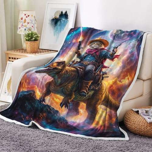 Lustige Dinosaurier-Decke mit Katzen-Motiv, blaue Galaxie, Weltraum, Regenbogen-Dekor, Überwurf, Decke, gemütlich, Plüsch, Flanell-Fleece, warm, weich, leicht, flauschige Decke, lustige Geschenke für