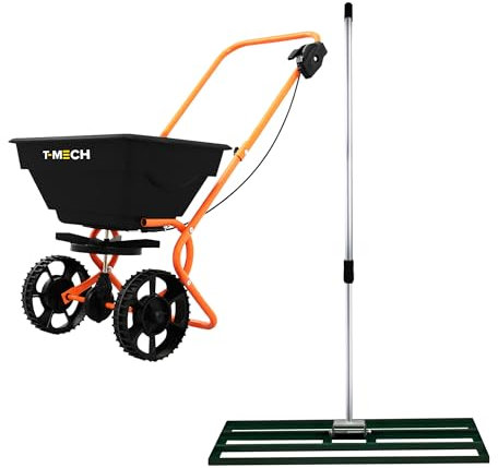 Niveleur de Pelouse & Épandeur Rotatif 100 cm x 32cm (Vert) Engrais Râteau Nivellement Jardin Lute Manche Extensible 1,15-1,9m Prise Facile Capacité 25kg Gravier Sable Graine Housse De Pluie & Gants