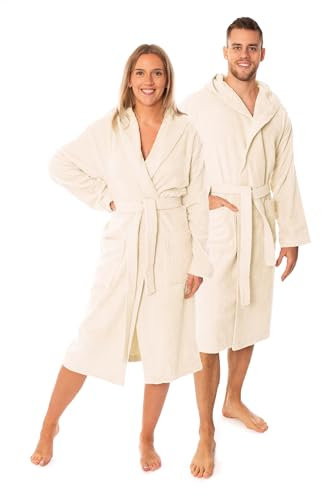 Lavea Elena - Peignoir de bain unisexe avec capuche - 100% coton luxueux, doux et peigné (FR/ES, Alpha/lettres, Taille unique, Taille normale, Taille normale, blanc crème naturel)