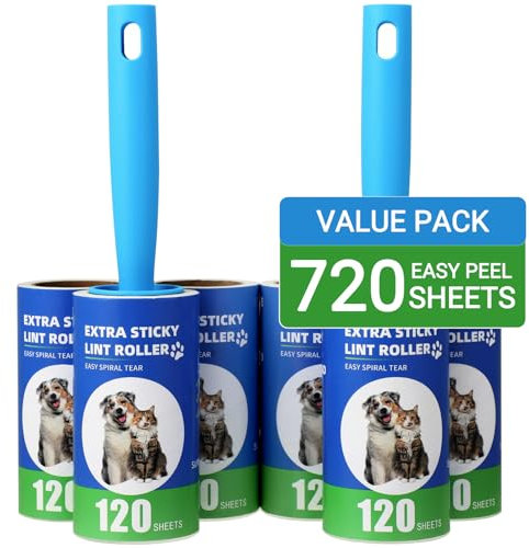FHISKUNYU Fusselroller Tierhaare Set mit 720 Blatt – 2 Griffe & 6 Rollen, Hochklebriger Fusselroller Kleidung für Sofa, Teppich, Möbel