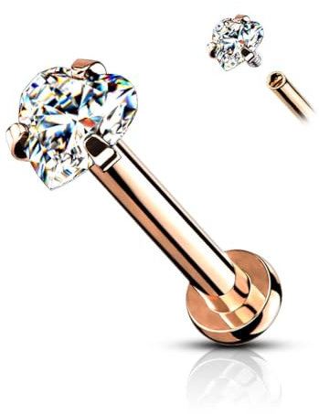 Stachelkleid Labret Herz Zirkonia Innengewinde 316l Lippe Ohr Piercing Stecker Rosé Gold/Kristall, 6 mm