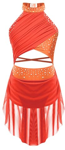 Miaeowve Kids Girls Lyrical Dance Dress Ballet Gymnastics Performance Costume Sleeveless Figure Skating Dress Fluorescent Orange 5-6 Years