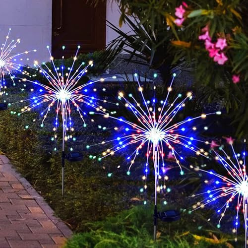 Meision Solarlampen für Außen Garten, 4 Stück 150LEDs Solar Feuerwerk Gartenlichter mit 8 Modi, Wasserdicht Solarleuchten Pusteblume Gartenstecker für Garten, Terrasse, Balkon Deko, Bunt
