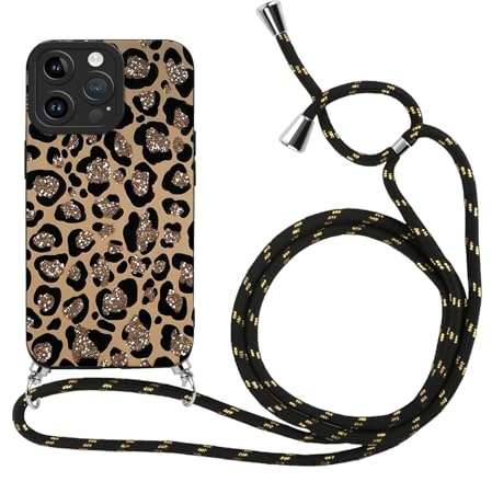Kueqeay Coque avec Cordon pour iPhone 15 Pro Max 6,7 avec Motif Léopard Noir Case, Aesthetic Silicone étui avec Collier Réglable Corde Souple TPU Antichoc Housse de Protection pour Femmes, 12