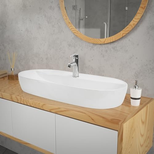 LuxeBath Waschbecken Keramik 800x400x120 mm oval, Weiß, Aufsatzwaschbecken für Badezimmer/Gäste-WC, Aufsatzbecken im modernen Design, Waschtisch mit Armaturloch, Waschschale Waschplatz Handwaschbecken