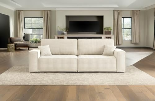 Kaiser Möbel - Sofa mit Schlaffunktion und Bettkasten, Schlafsofa mit Bettzeugbehälter, Sofa 3-sitzer, Bequemes Couch für Wohnzimmer, Cordstoff, Klappsofa, Relaxsofa, 2 Zierkissen, Best, Ecru