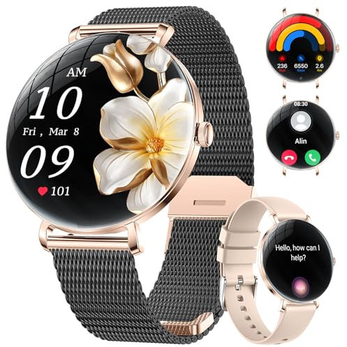 ESFOE Smartwatch Donna,1.43” AMOLED Orologio Smartwatch con Chiamata Whatsapp,Fisiologia Feminile,120+ Sport,24H Frequenza Cardiaca SpO2 Sonno,IP68 Impermeabile,Smart Watch Android iOS Nero Oro