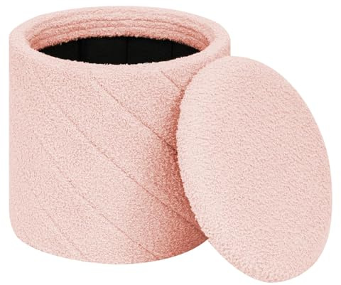 PINPLUS Pouf Contenitore Rotondo Pieghevole, in Teddy Bouclé, con Coperchio Ribaltabile come Tavolino, per Soggiorno e Camera, Ø 33 x 35 cm, Rosa