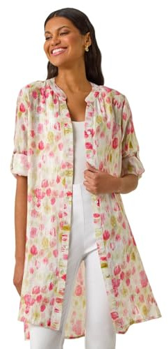 Roman Floral Print Longline Blouse for Women UK - Ladies Spring Everyday Summer Holiday V-Neckline Comfy Long Sleeve Soft Button Up Shirt Vacation Beach Tops - Floral Pink - Size 10