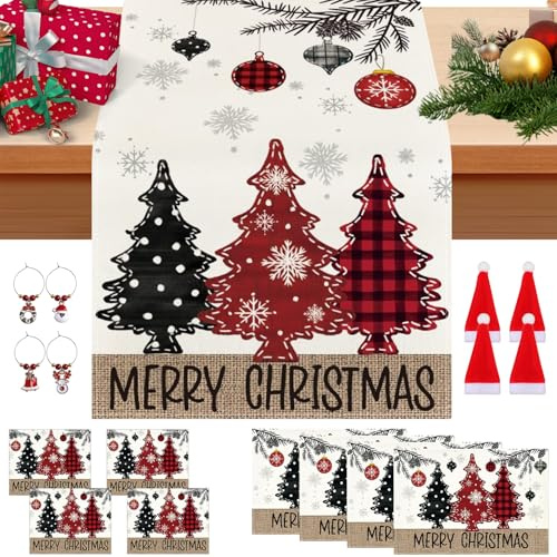 17 IN 1 Tischläufer Weihnachten und Vier Platzsets,Glasmarkierer,Weihnachtstischläufer Festliche,Tischdecke Tischdeko Weihnachtsdeko für Weihnachten Party Dekoration- (C)
