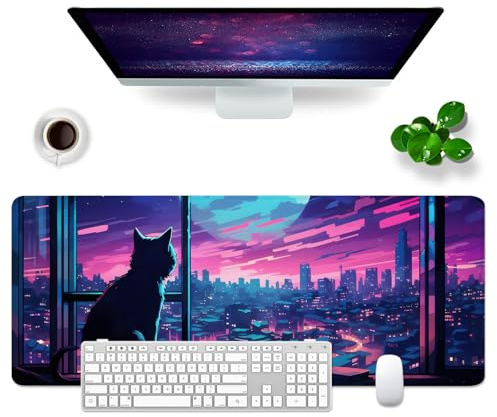Mauspad Katzen Schreibtischunterlage Violett 80x30cm Mousepad XL Groß Mauspad Süß., Computer PC Tastatur Mousepad Groß Desk Pad & Desk Mat XL (Katze und Stadt - 1)