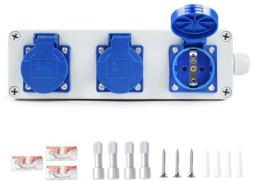 Distribuidor de Enchufes de Pared Caja de Distribución Tomas Schuko 3 x 220V IP54 Distribuidor de Pared 16A con Cubierta Protectora Individual para Talleres, Interiores y Exteriores