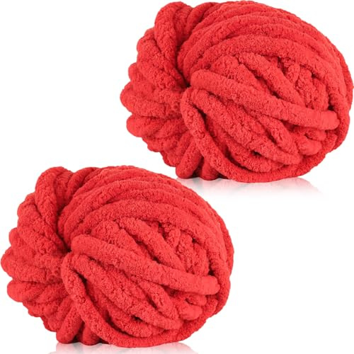 Xtrillogen 500g(2 x 250g) Dicke Wolle zum Stricken,Chenille Wolle zum Häkeln,Häkelgarn Baumwolle,Flauschig Chunky Yarn,Knitting Chenille Garn,Weben von Taschen,Schal,Decke,Mützen(Leuchtendes Rot)