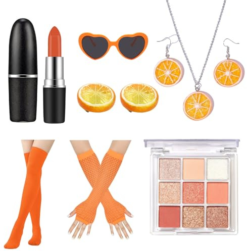 YDUNARISE Aperol Schminke Damen,mit Orange Schmuck,Orangefarbener Lippenstift und Lidschattenpalette mit neun Farben,Kniestrümpfe & lange Handschuhe,Karneval Faschingskostüme Damen